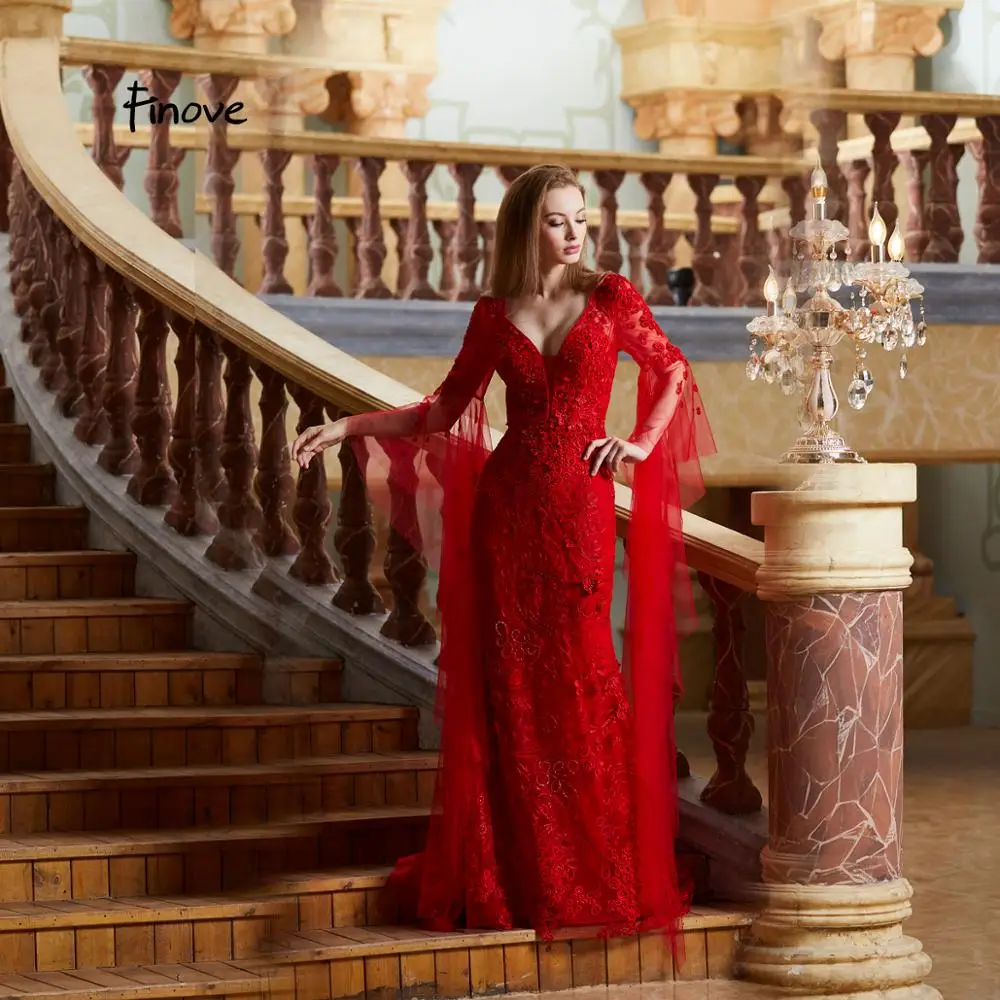 Finove, элегантное вечернее платье, сексуальное, v-образный вырез, с аппликацией, длинный рукав, длина до пола, вечерние, платье русалки для женщин, плюс размер - Цвет: Red