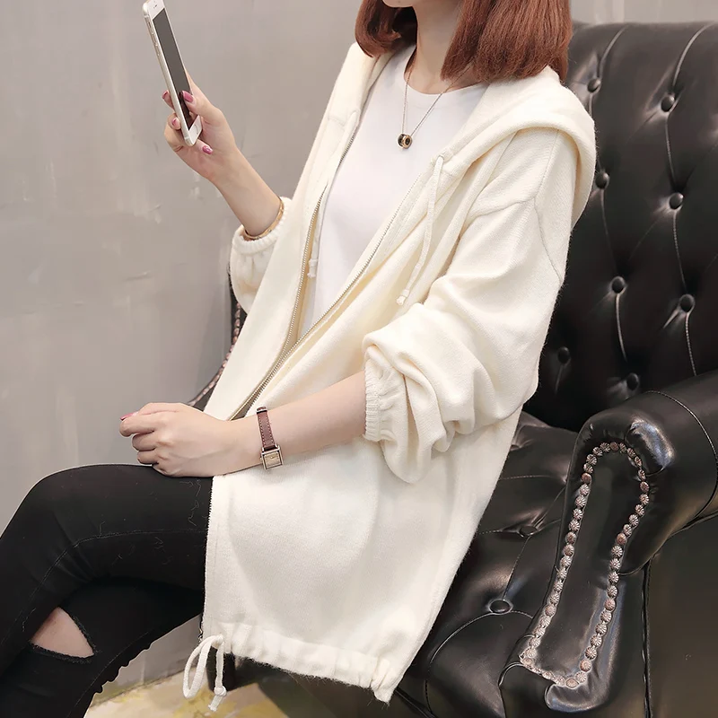 

2019 spring autumn women fashion Wild new Korean version loose large size hooded zipper cardigan pleated hem sweater coat female