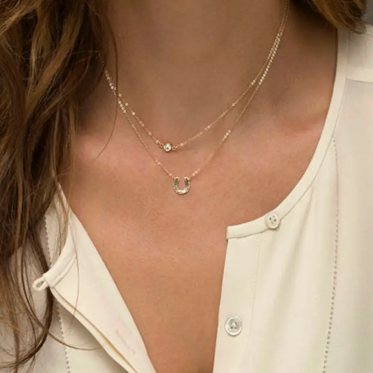 

Jewelry Ladies Necklace Fashion Simple Retro Double Short Clavicle Chain Crystal Horseshoe Clavicle Chain