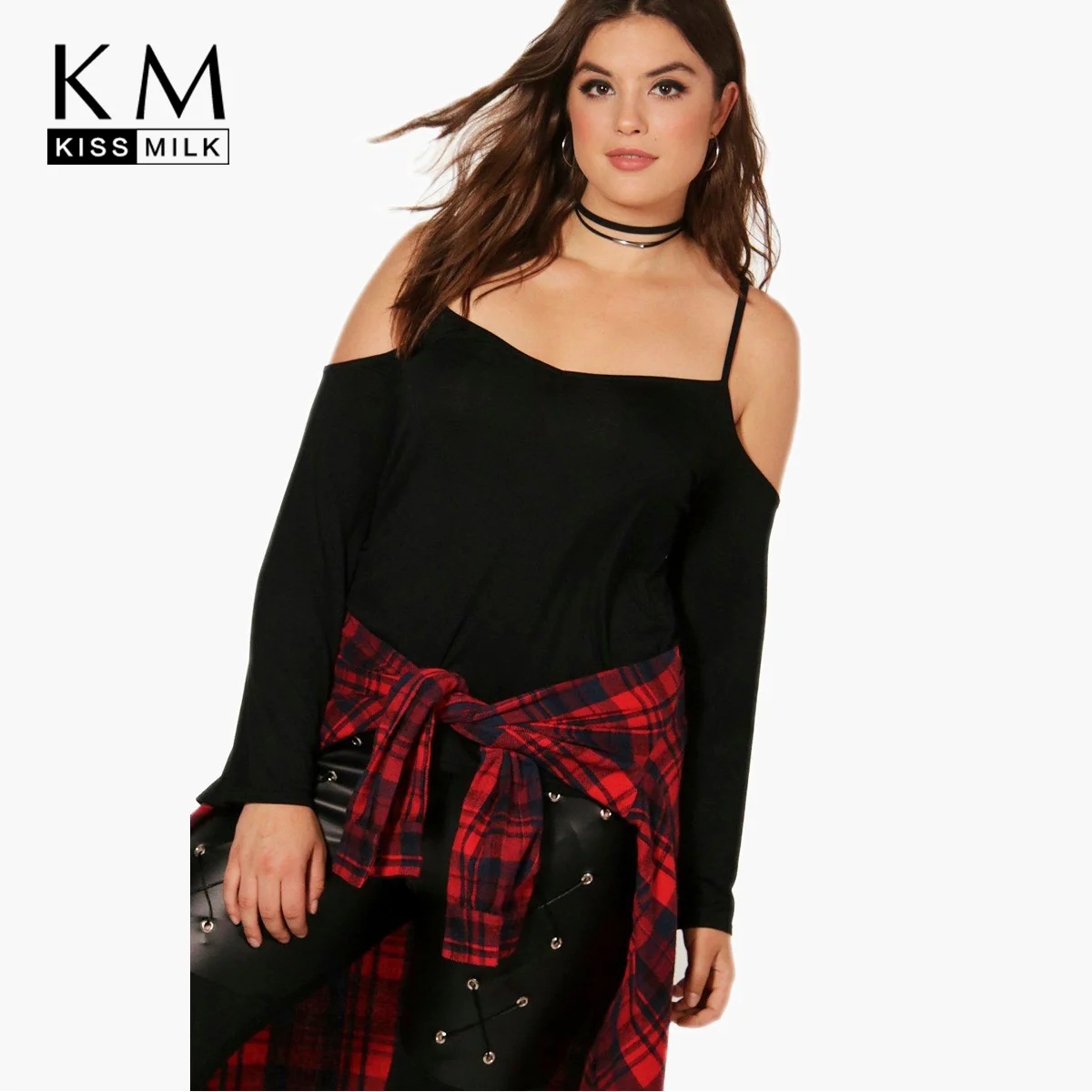 

kissmilk 2018 Plus Size Solid Sexy Women T-shirts Off-shoulder Long Sleeve Female Clothing Black And Grey Lady Big Size Tops