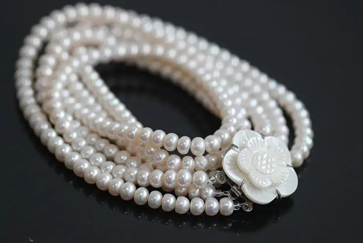 Charming Freshwater Pearl 3Rows Necklace Shell Flower Clasp 8mm 18-22inches Factory Wholesale price Women Gift word Jewelry | Украшения и