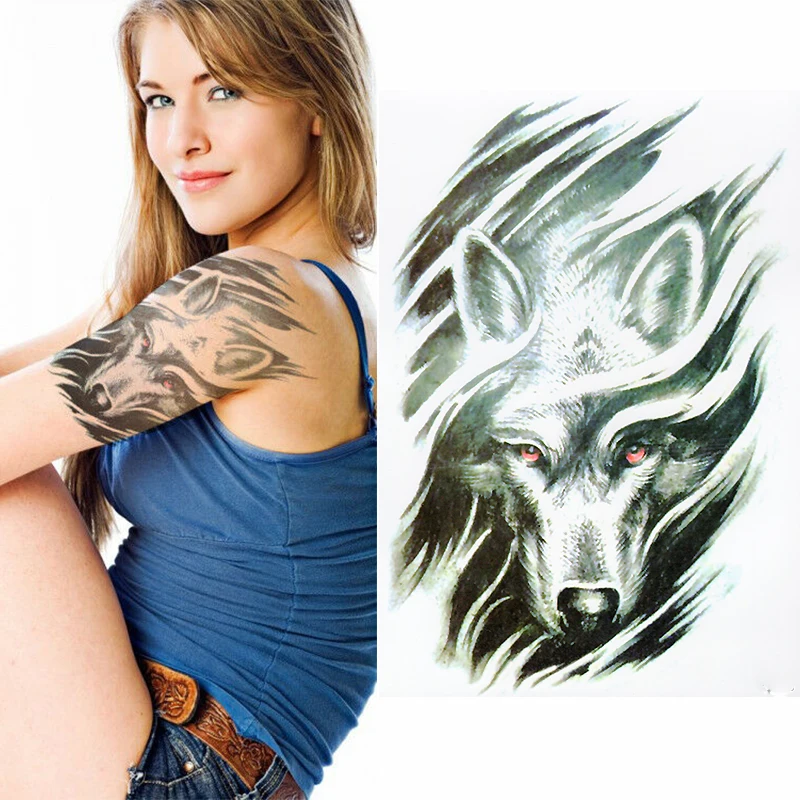 Красно-глазый волк временная татуировка-Реалистичная Водонепроницаемая передача мужские и женские дети
