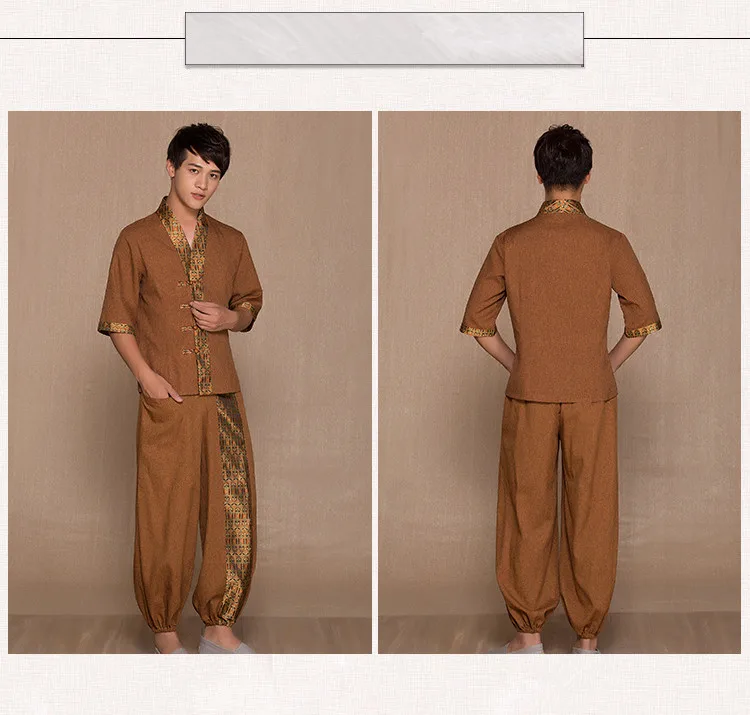 Для Мужчин's Thai одежда для массажа здоровья Клубные V образным вырезом из хлопка и льна, топ+ штаны, Таиланд модная униформа для сотрудниц спа-салонов