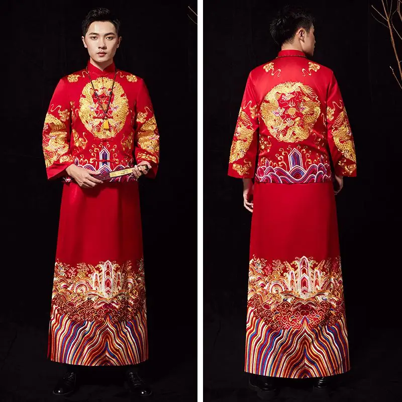 Зарубежный китайский жених свадебная одежда древний мужской вышитый дракон костюм для выступлений винтажное Мужское пальто+ халат свадебный костюм