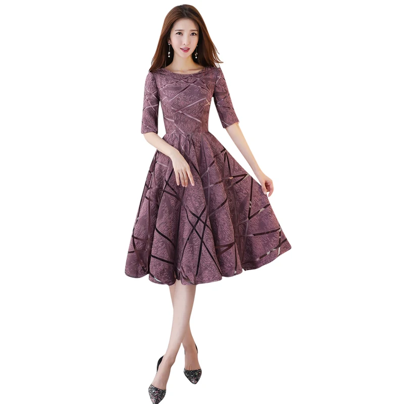 

O neck Middle Length Half Sleeves Cheap Zipper Bridesmaid Dresses 2019 Satin Bean paste Color Prom Dresses Party Gowns