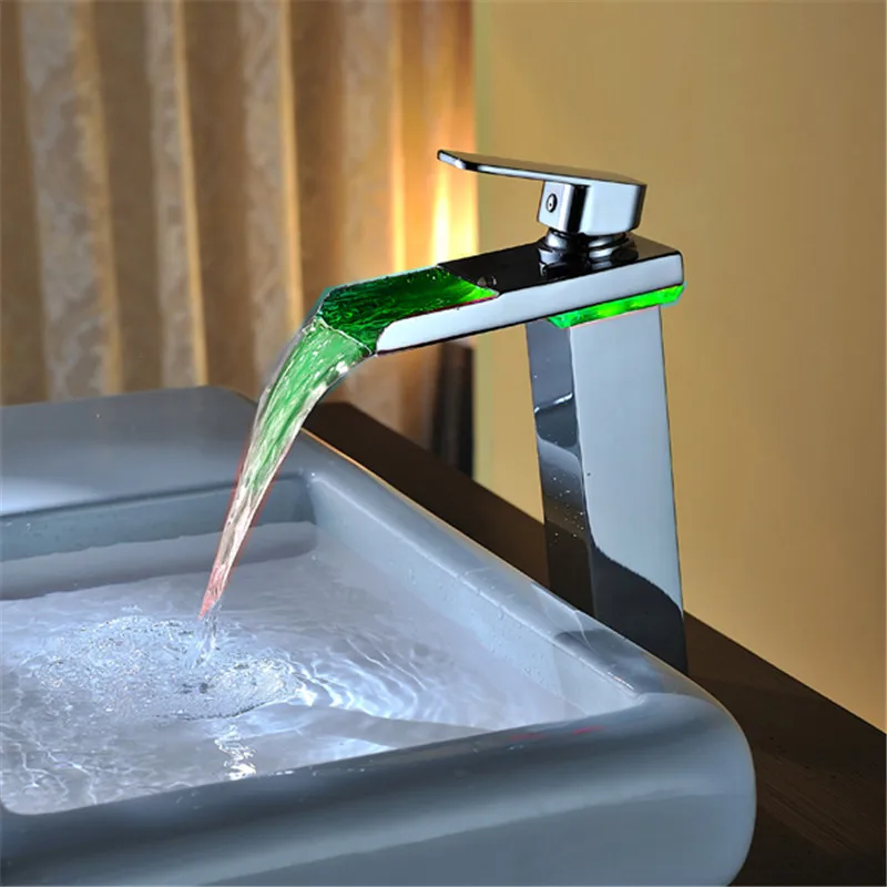 

High quality Brushed Chrome LED Waterfall Bathroom Basin Faucet Single Handle Sink Mixer Tap LD8005-02A