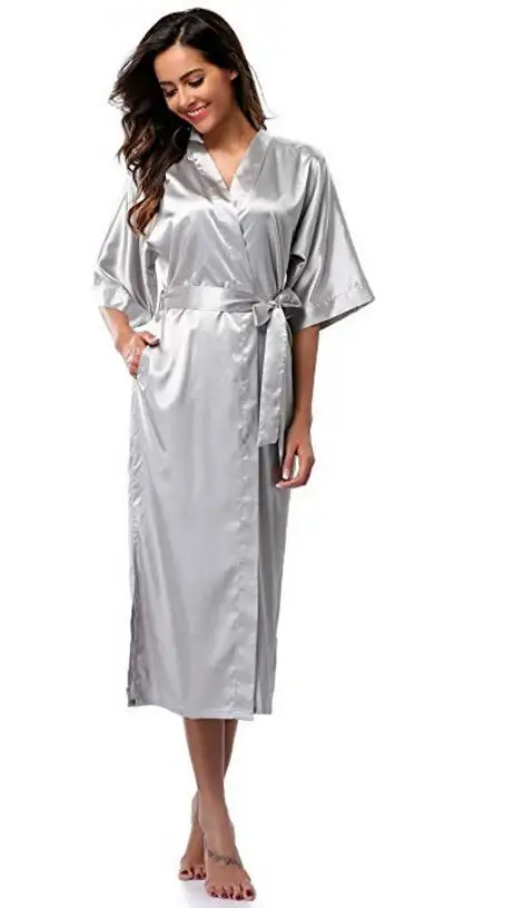 Женское шелковое атласное длинное свадебное платье для невесты и подружки невесты кимоно халат Feminino банный халат большой размер XXXL пеньюар Femme сексуальный халат - Цвет: Gray