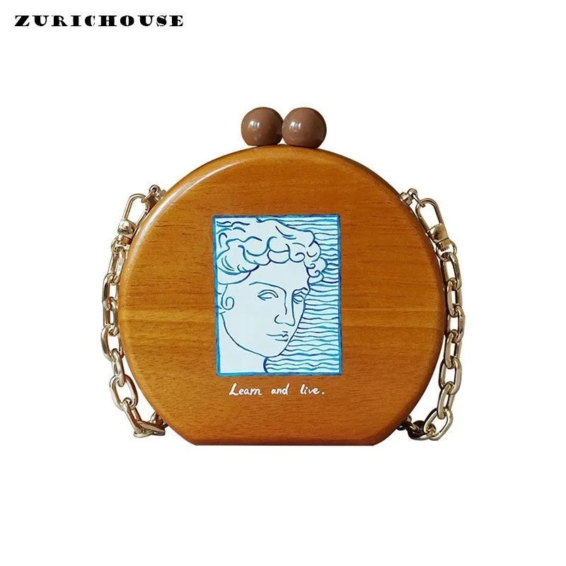 

Unua amo 2019 Wood Bags Women Personality Illustration Design Round Box Shoulder Crossbody Bag Luxury Wooded Handbags Ladies