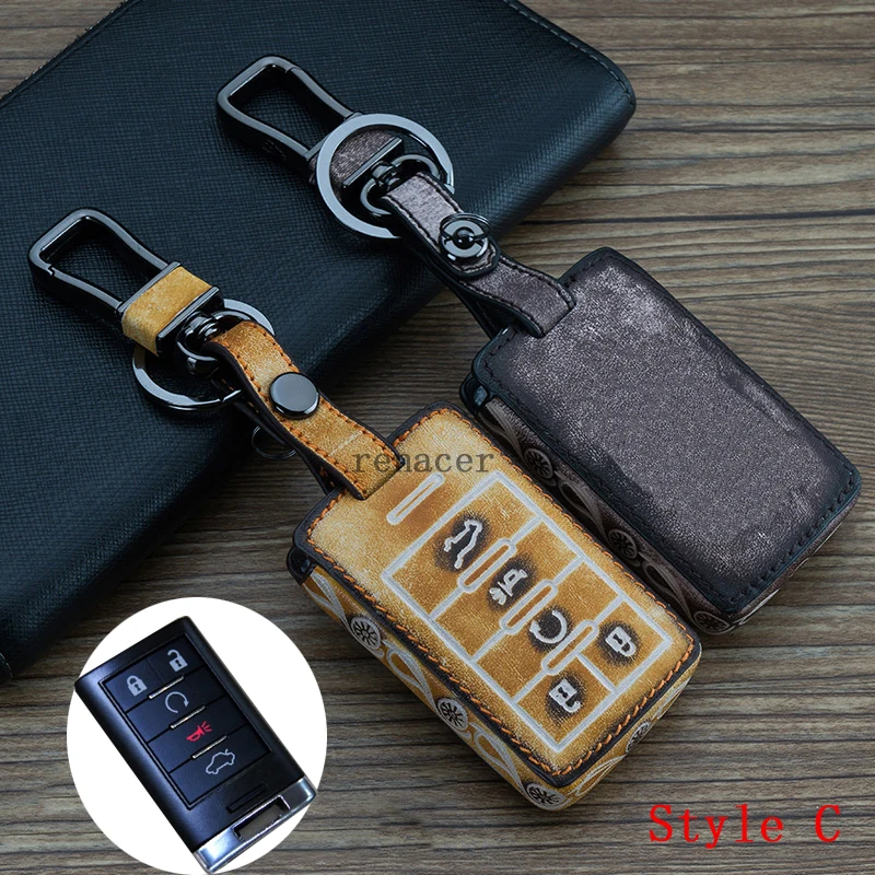 

Antique wood grain leather car key cover case ring keychain For Cadillac CTS SRX SLS ATS-L XTS ATS