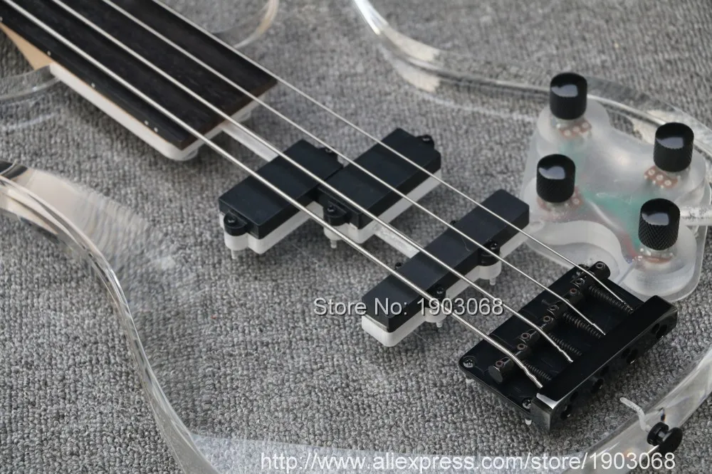 Высокое качество палисандр Fretless бас, 4 струнная электрическая бас гитара прозрачный акриловый корпус и голова, корпус, черная фурнитура