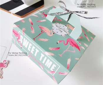 

16.5x16.5x6.5CM Retail Flamingo Cake Bag Gift Bakery Macaron Pastry Cookies Packaging Paper Boxes 100pcs/lot