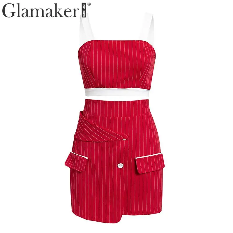 Glamaker, сексуальное черное облегающее платье в полоску, женское, весна-лето, костюм из двух частей, платье, элегантные, вечерние, Клубные, короткие, тонкое, мини-платье - Цвет: Красный