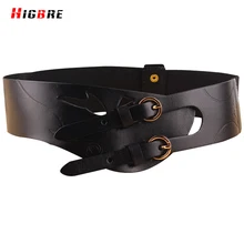 Female Genuine Leather Double Pin Buckle Wide Belt Cummerbund Women Elastic High Quality Strap Belts For Dress Decoration Black