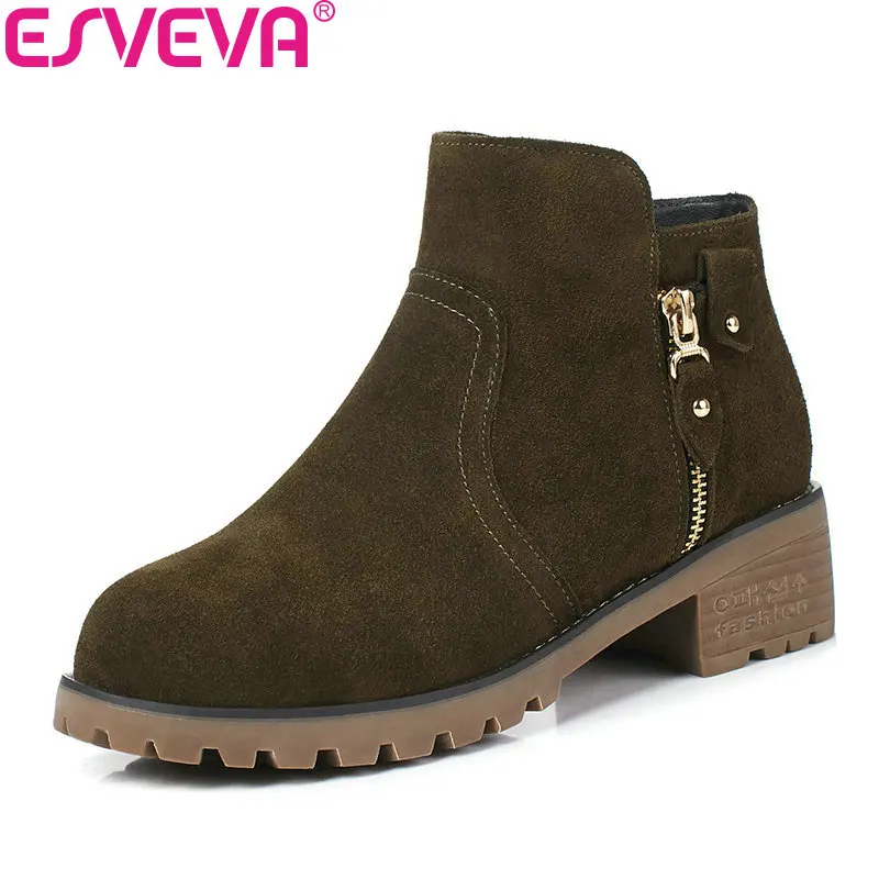 

ESVEVA 2018 Women Boots Inside PU Short Plush Cow Suede Round Toe Med Heel Ankle Boots Slim Look Fashion Ladies Boots Size 34-40