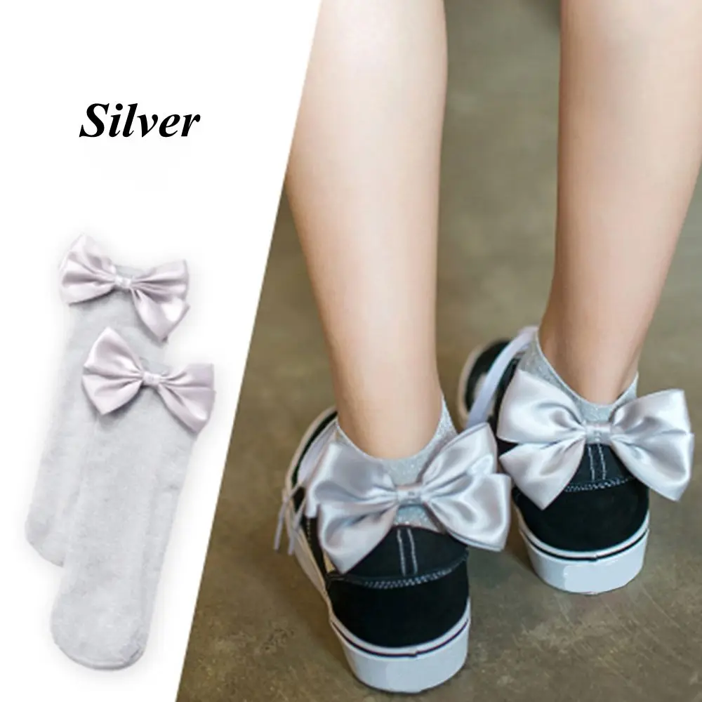 1 пара, модные женские блестящие сетчатые носки с бантиком и сеткой, низкие трикотажные носки по щиколотку, хороший подарок для влюбленных или друзей - Цвет: Серебристый