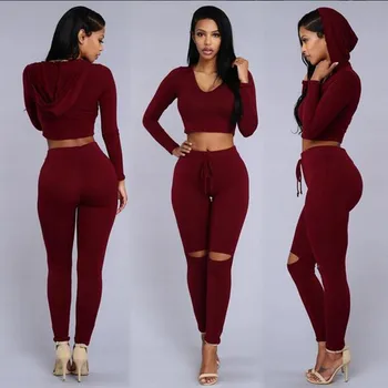

Women's spring and summer casual hooded long-sleeved shirt trousers ladies hole two-piece jumpsuit