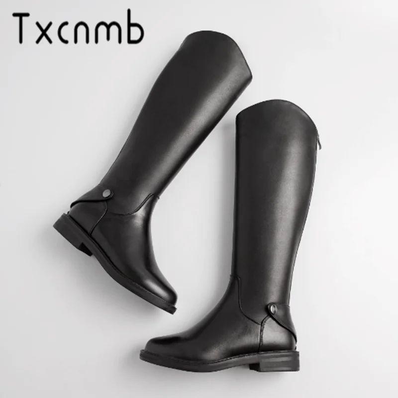 

TXCNMB Genuine Leather Women Knee High Boots 3cm Low Heels Long Warm Motorcycle Boots High Party Party Shoes Woman Size 34-42