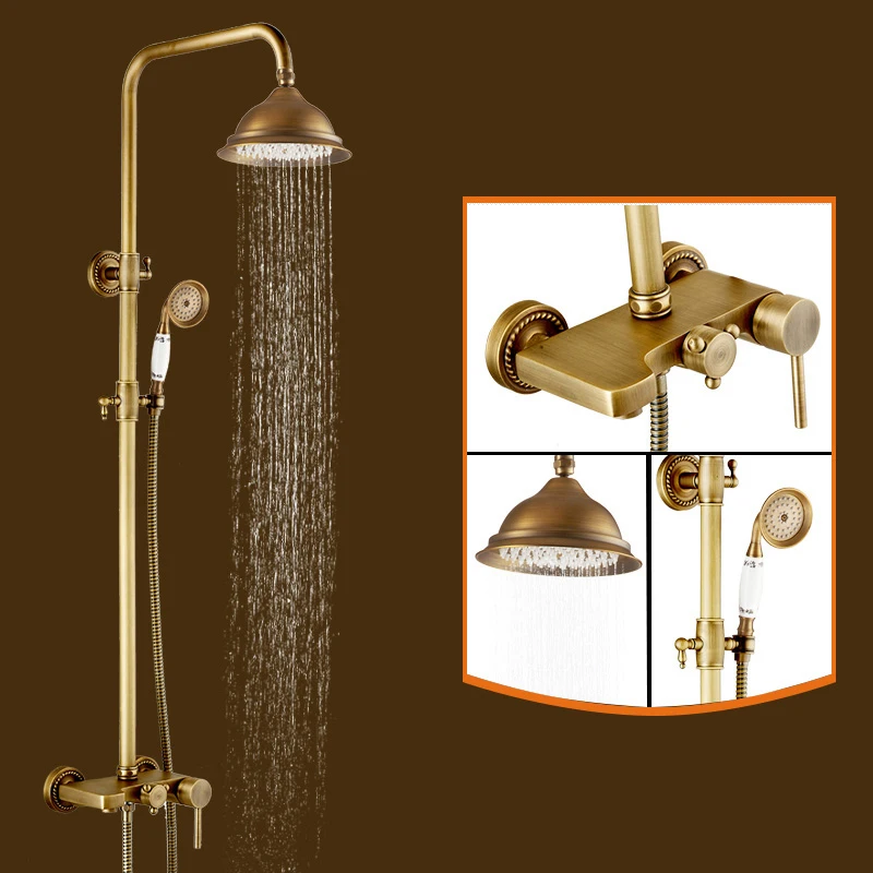 Antique Brass Shower Faucet Wall Mount Single Handle Mixer Tap+Hand
