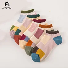 5 пар/лот, Классические хлопковые женские носки, повседневные короткие женские носки в полоску, в клетку, в горошек, летние