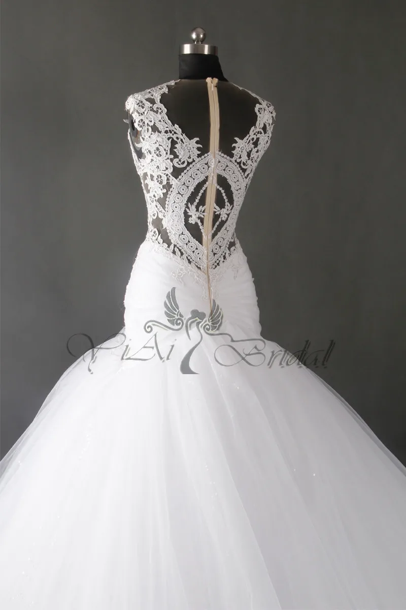 See Through Bridal Dress Trumpet Cathedral Train White Cap Sleeve