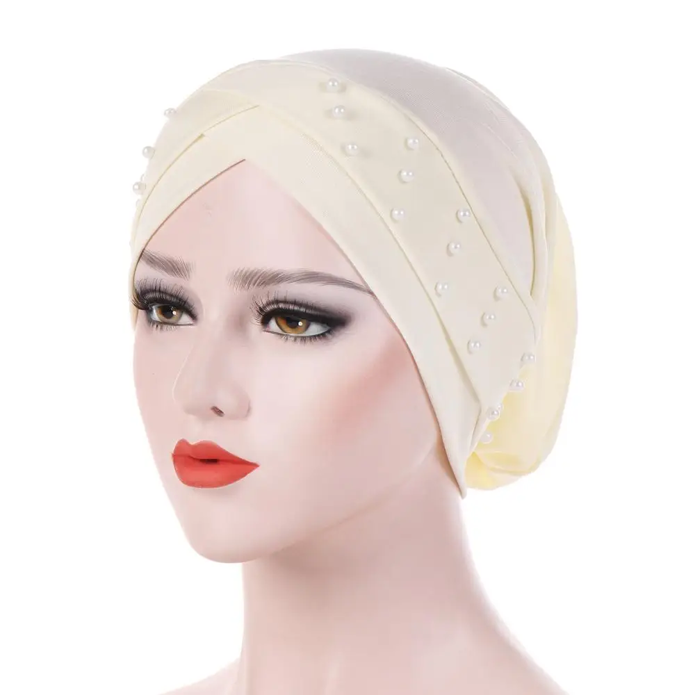 Женская эластичная Шапка-тюрбан, мусульманская, Исламская, Джерси, бисер, кепка chemo, женская, стрейч, головной убор, головной шарф, арабское покрытие, модная шапочка - Цвет: Бежевый