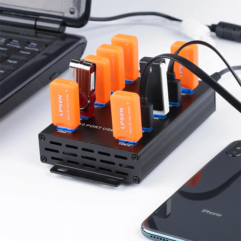 Алюминиевый концентратор Sipolar с 10 портами usb 2 0 и внешним адаптером питания 12V5A для