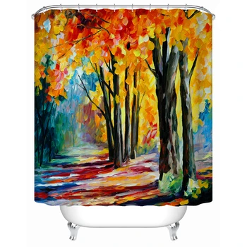 

The Europe Style Oil Painting The Trees Are Standing Straightly In A Quiet Morning Shower Curtain Oil Painting Plant Pattern