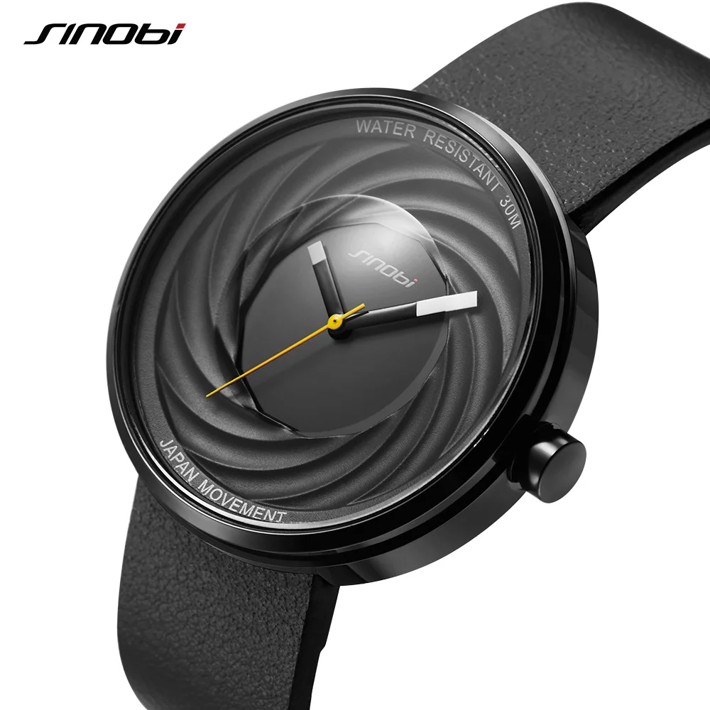 SINOBI Lens Men Women Japan Movt Watches Spiral Black Wristwatch Genuine Leather Quartz Unique Creative Sports Watches timeSaat
