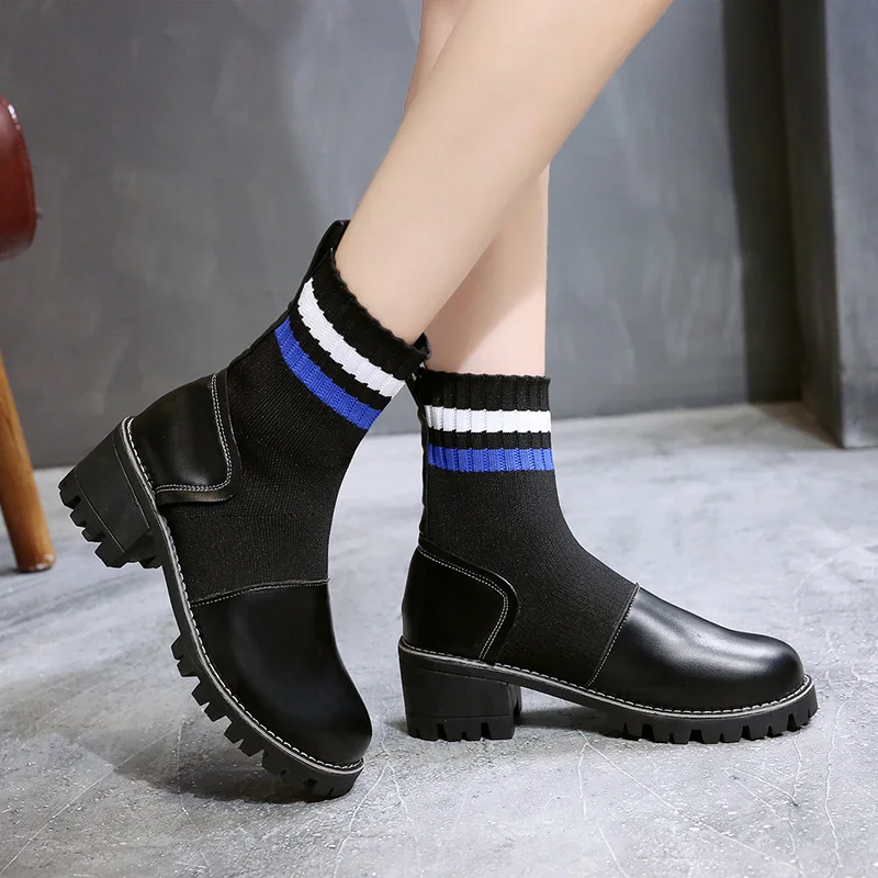 

patchwork ankle boots with sock thick heel platform winter boots women mixed color martin botines mujer 2018 leather boots s375