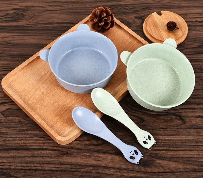 2 PcsSet Baby Feeding Food Tableware Panda Wheat Kid Dishes Eco-Friendly Children Training Dinnerware Plate Bowl Spoon BB5088 (12)