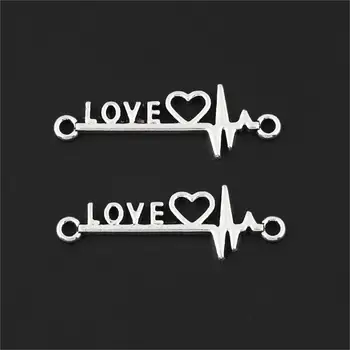

20pcs Silver Color Heart Wave Charms Electrocardiogram Heartbeat Pendant Making Connector Jewelry Necklaces 34x10mm A3207