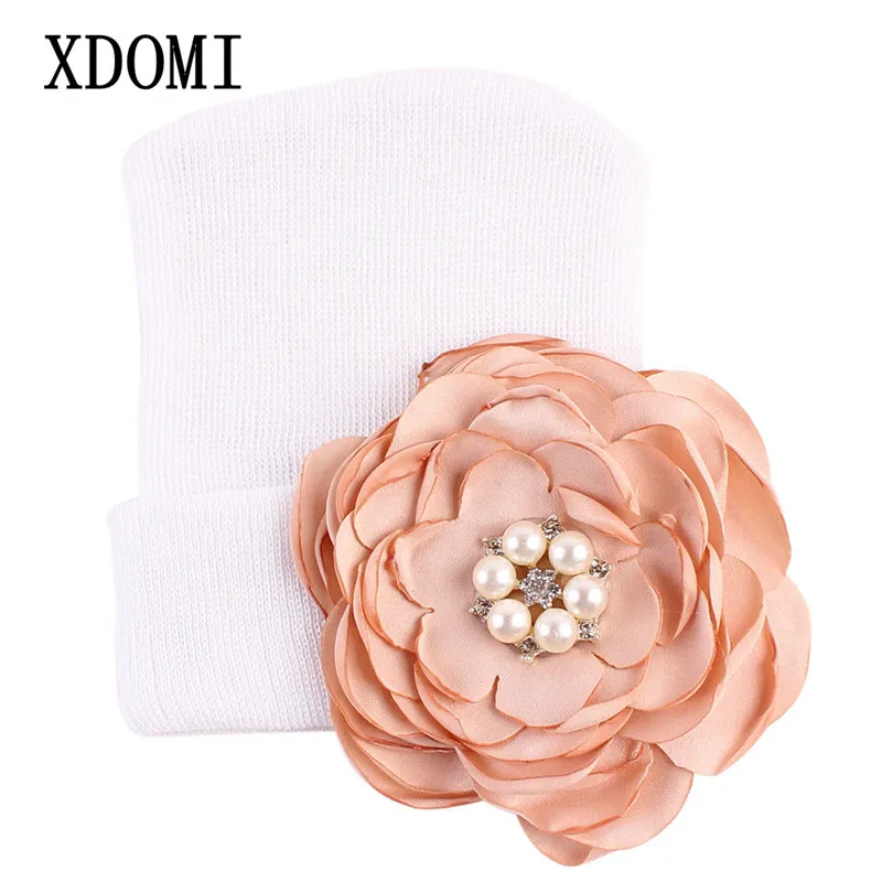 XDOMI 0-3 Month Winter Hats for Girl Cotton Beanie Cap Child's Lovely Big Flower With Pearl For Kids Photography Accessories |