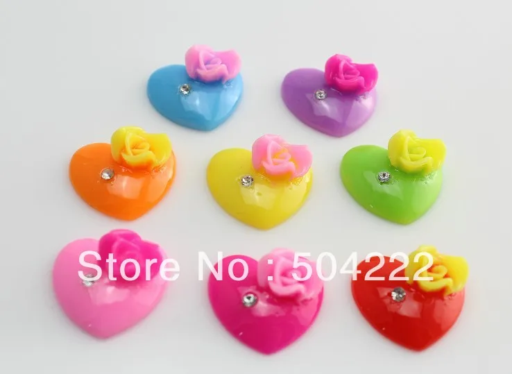 

250pcs kawaii heart with flower rhinestone Resin cameo gem Cabochons 22mm hair clips, embellishment,DIY