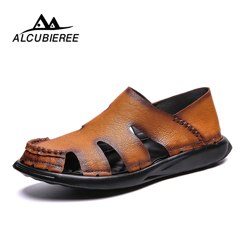 

Men Cow Leather Sandals Outdoor 2019 Summer Handmade Men Shoes Men Breathable Casual Shoes Footwear Walking Sandals Big Size