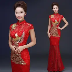 2017 новые красные женские винтажные Cheongsam Сексуальная Qipao кружева рыбий хвост Длинные вечернее платье в китайском стиле Вечерние платья qi pao