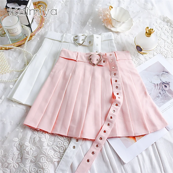 New Summer Women Pleated Skirt High Waisted Heart Shape Sashes Women Pleated Short Skirt High Quality