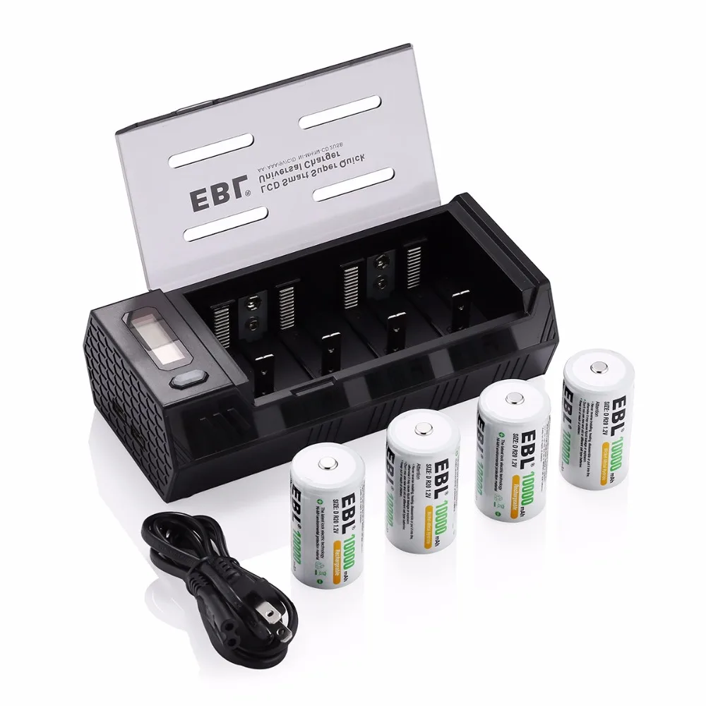 

EBL 4pcs Size D R20 10000mAh Rechargeable Batteries + Battery Charger for AA AAA C D 9V Ni-MH Ni-CD Battery with Dual USB Ports