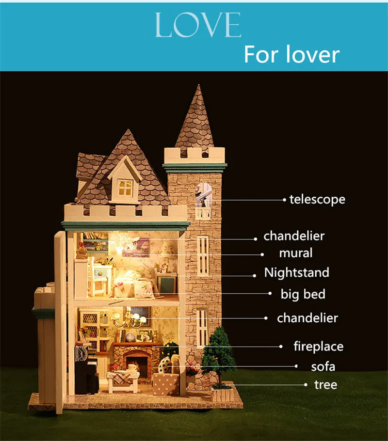 iiE CREATE 2018 New DIY Stitching Doll House Wooden Educational Dream Castle with LED+Furniture  Toys for children Lover (3)