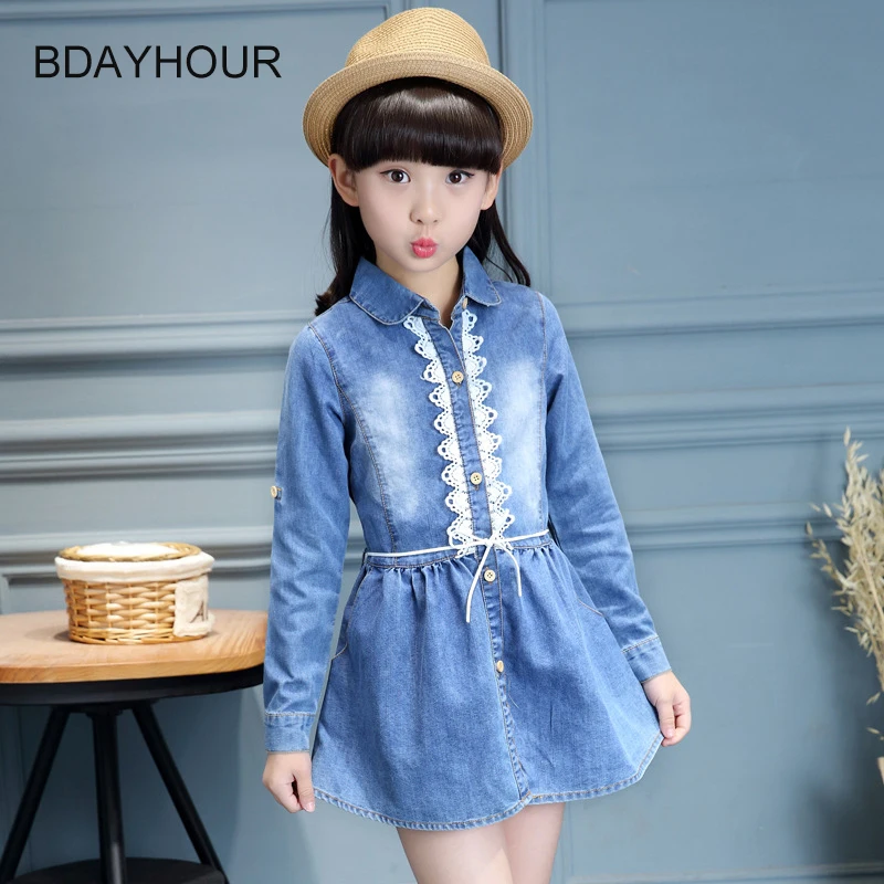 

Single - Breasted Long - Sleeved Lapel Double - Pockets Dannin Cloth Casual Girl Denim Dress 2017 Spring Lace Girl Dresses