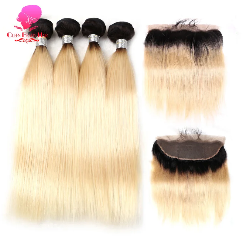 QUEEN BEAUTY 1B/613 блонд Омбре пряди с закрытием фронтальные бразильские Прямые Remy