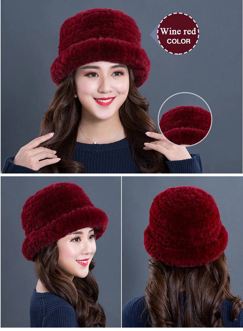 Luxury Natural Fur hats Fur Bucket Hat Russian Real Rex Rabbit Fur Hat Female Solid Women's Winter Cap Ladies (21)
