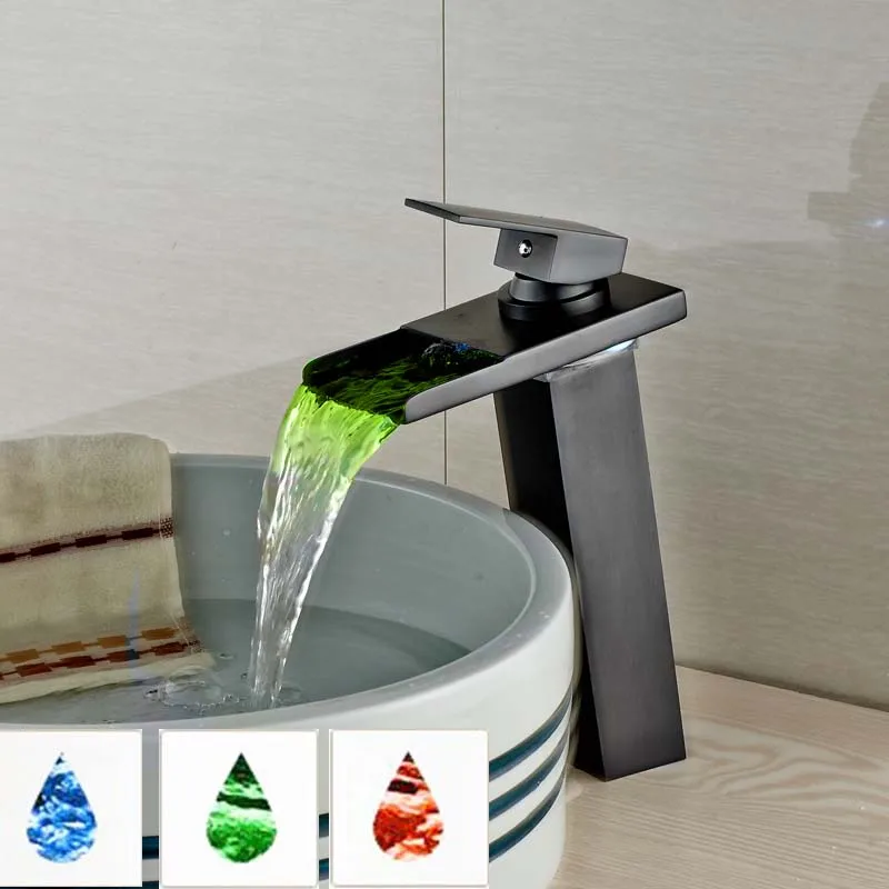 Countertop Waterfall LED Light Basin Sink Faucet Single Lever Square Brass Bathroom Wash Basin Mixer Taps