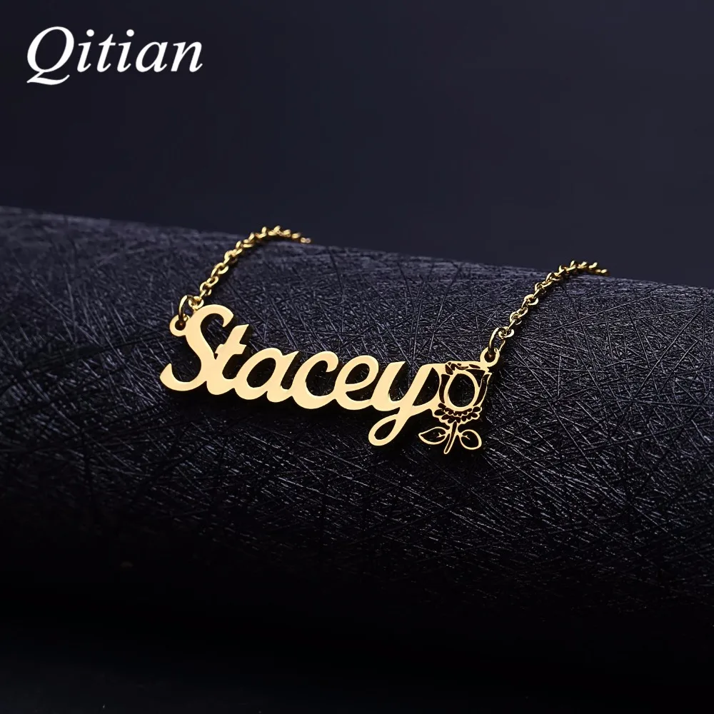 

Personalized Name Necklace Flower Symbol Stainless Steel Custom Name Pendant Cursive Nameplate Necklace Handmade Romantic Gift