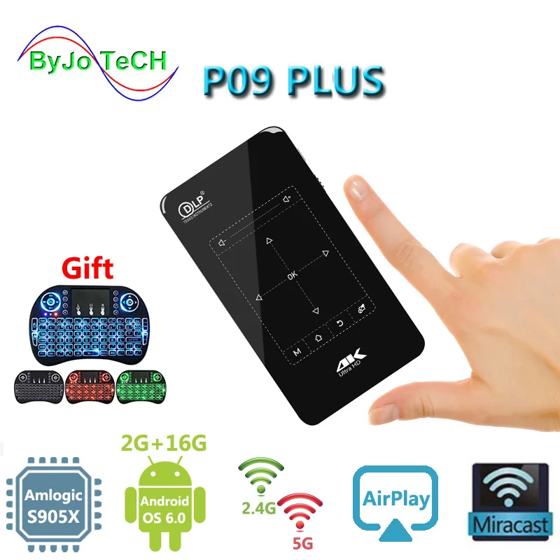 ByJoTeCH P09 PLUS DLP android мини-проектор 2G16G FULL HD 4K портативный карманный проектор Amlogic S905X wifi 2.4G5G Bluetooth 4,1