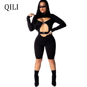 

QILI Black Blue Sexy Hollow Out Jumpsuit Women Rompers Long Sleeve Sold Jersey Women Outdoor Wear Casual Rompers