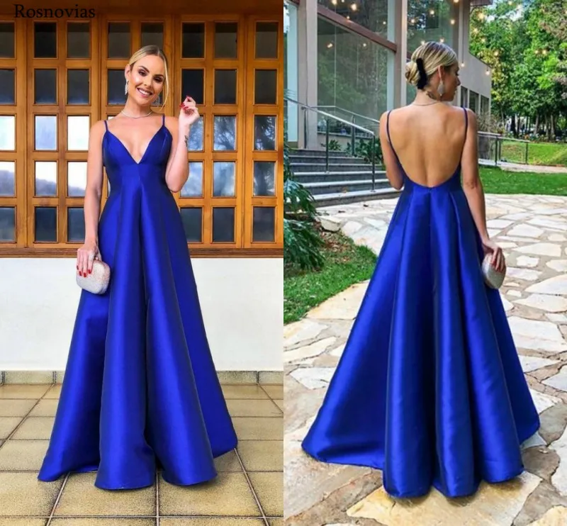 

Royal Blue Stain Prom Dresses 2019 V Neck Backless Sweep Train Formal Evening Party Gowns Long Vestido De Fiesta Custom Cheap