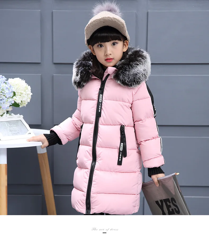 Утепленная теплая куртка с капюшоном для девочек детская одежда новые зимние хлопковые куртки для девочек модное пальто с буквами и меховым воротником для девочек