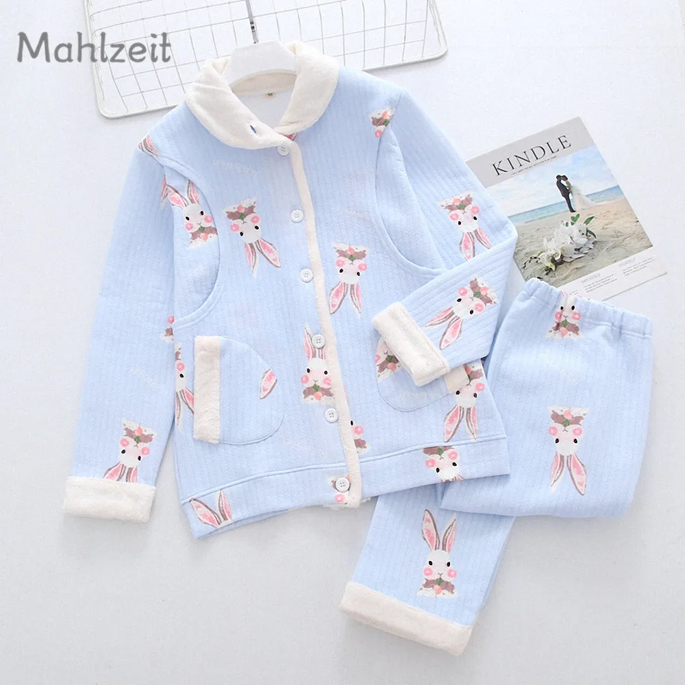

Maternity Winter warm Nursing clothes Pregnant Women front open thick Sleepwear Breastfeeding pajamas 2pcs set for Mom