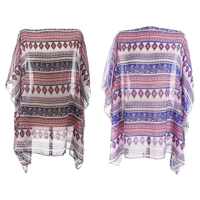 

Womens Chiffon Half Sleeves Pullover Swimsuit Cover Up Ethnic Boho Stripes Printed Oversized Loose Kimono Round Neck Beach Sundr