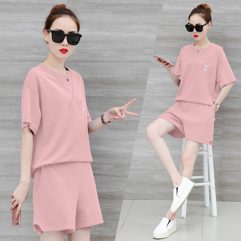 

Pink Cotton 2 Piece Set Women Mini Short Pant Top Outfit Tracksuit Sportswear Co-ord Summer 2019 Plus Size Loose Black Clothing